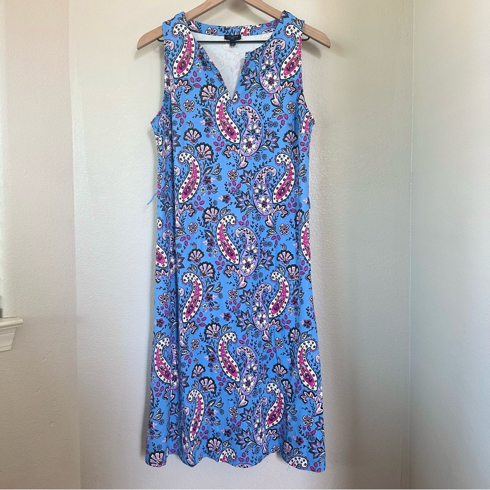 TALBOTS LP L Petite Effortless Jersey Tie Waist Midi Dress in Seaside Paisley - Picture 3 of 10